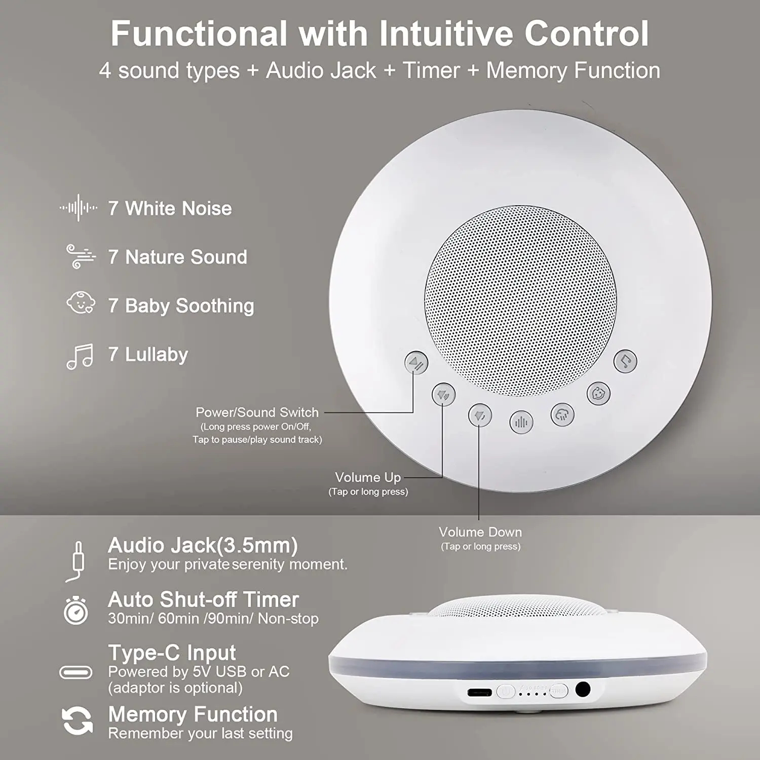 White Noise Sleep Sound Machine with Timer and USB Cable