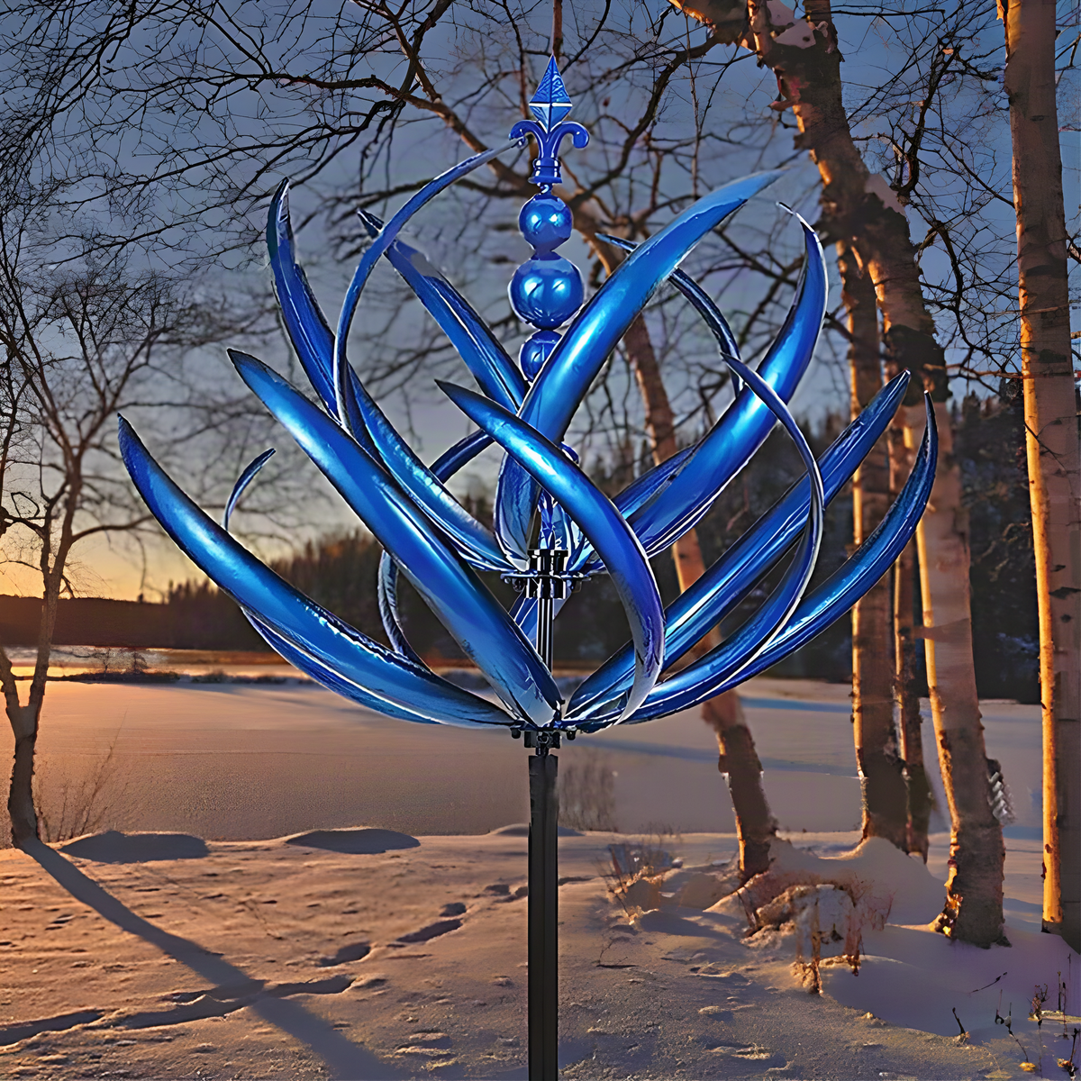Metal Garden Wind Spinner with Curved Blades and Ground Stake