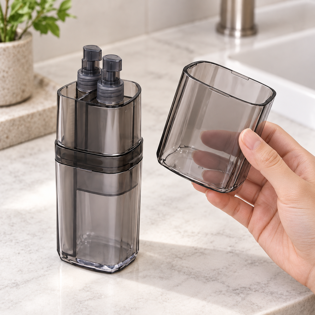 Travel Wash Case with Two Rinsing Cups and Refillable Pumps