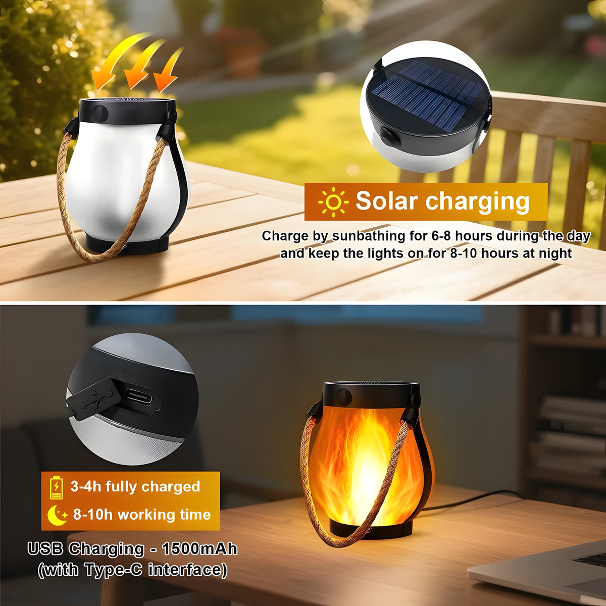 Solar LED Flame-Effect Lantern with Rope-Style Handle
