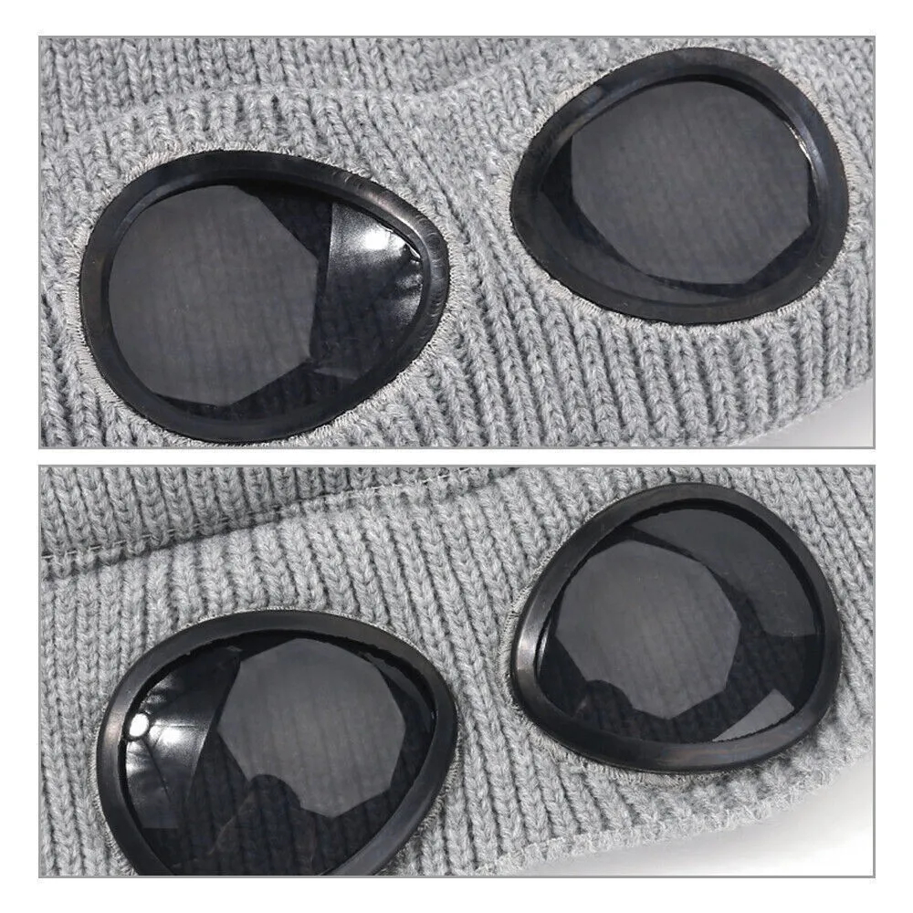 Fleece-Lined Rib-Knit Goggle Beanie with Flip-Up Winter Lenses