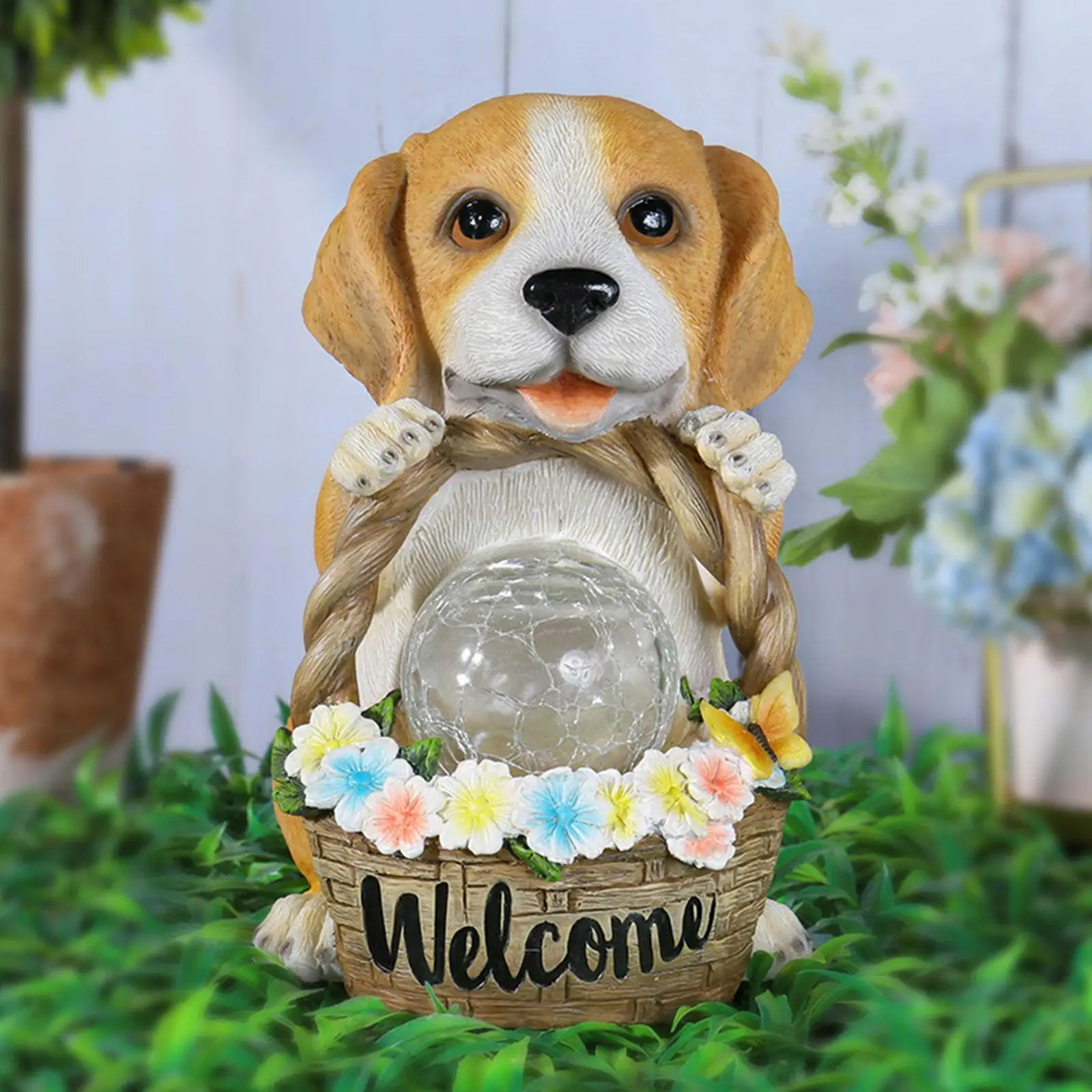 Solar Puppy Garden Statue with Flower Basket Outdoor Decor