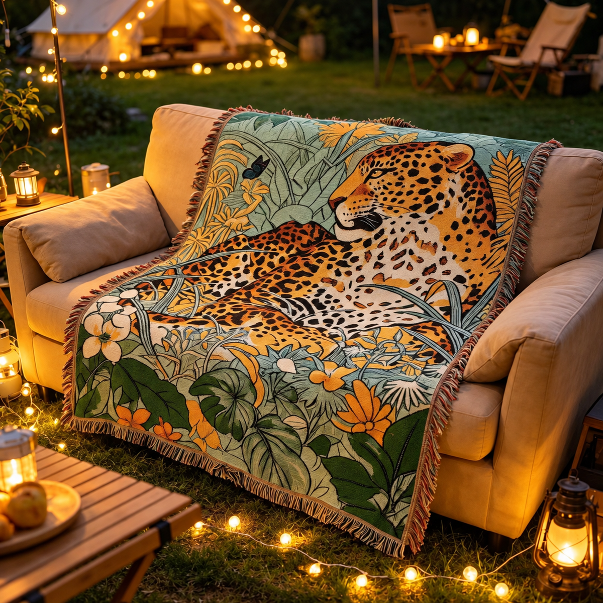 Illustrated Woven Throw Blanket with Fringe, 130 x 160 cm