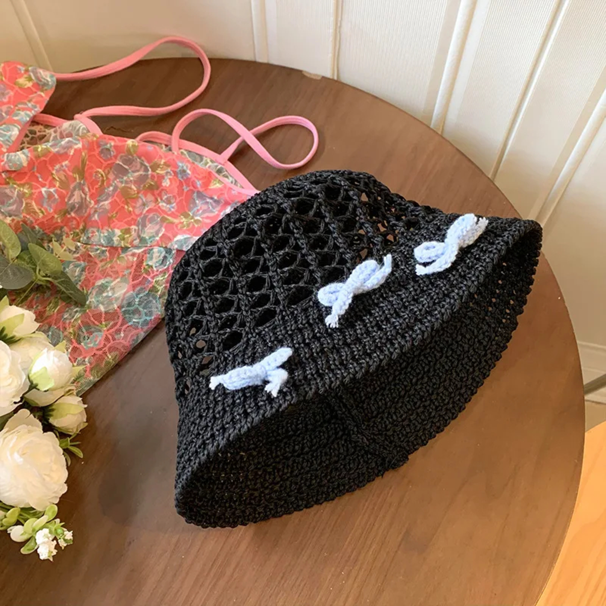 Open-Weave Crochet Bucket Hat with Contrast Bow Details