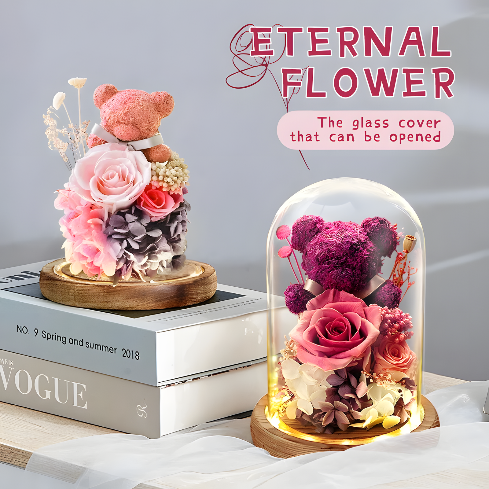 Rose Bear Glass Dome Preserved Rose Teddy Display Red Gift
