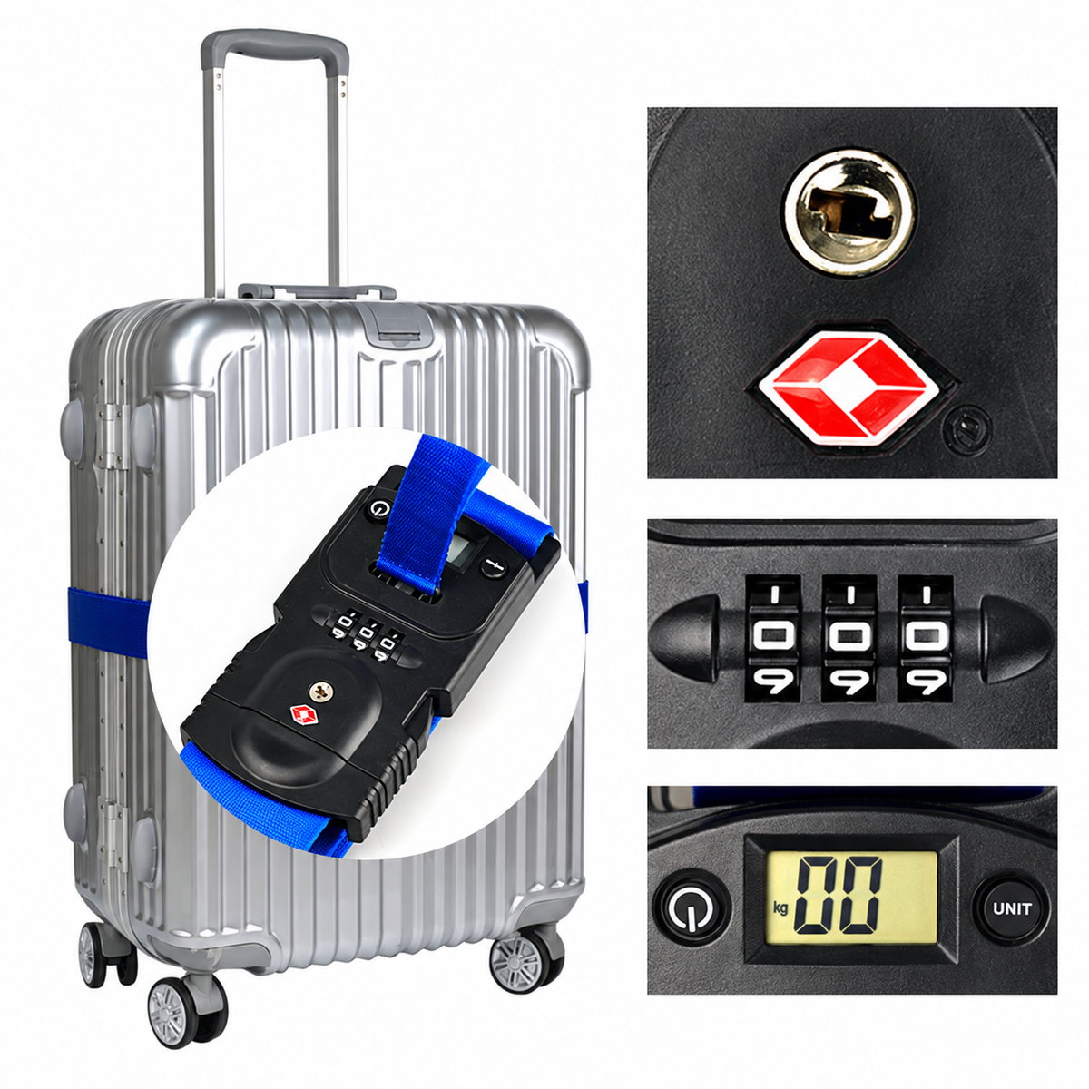 Luggage Strap, Integrated Digital Scale and Combination Lock
