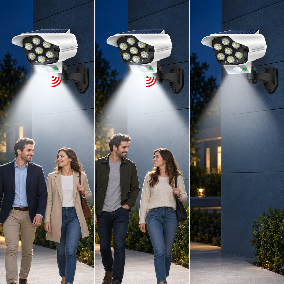 Three-panel comparison showing a white solar-powered outdoor security camera mounted on a dark blue-gray building wall at night. The middle and left panels show the camera active with a red wireless signal icon and a beam of light shining down onto a couple walking below, while the right panel shows the camera off with no beam of light.