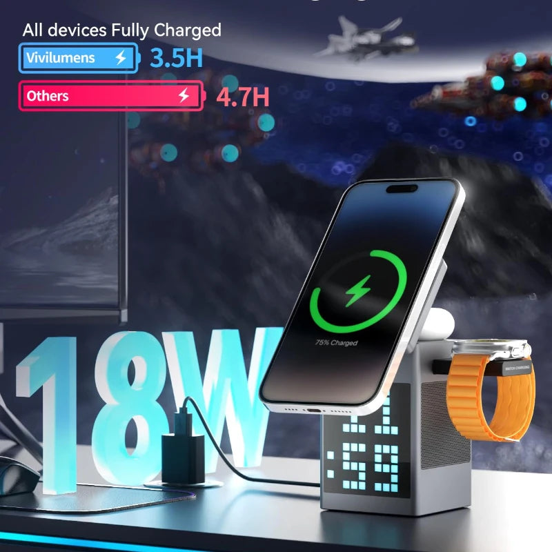 6-in-1 Magnetic Wireless Charging Station with Bluetooth Speaker & LED Light - TradixPro