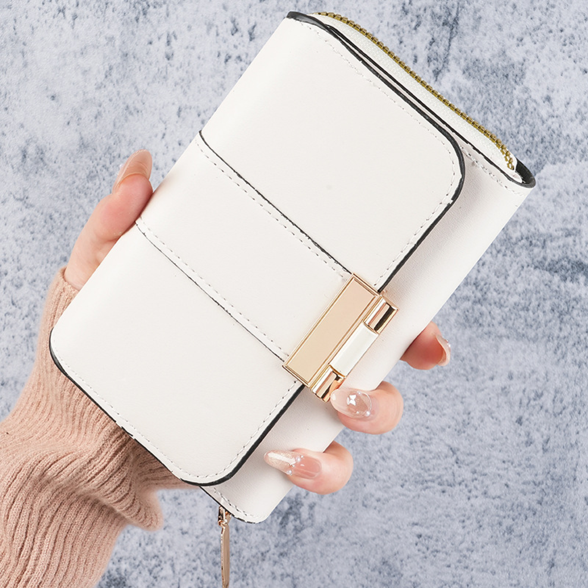 Gold-Clasp Foldover Wallet with Zip Section and Card Slots