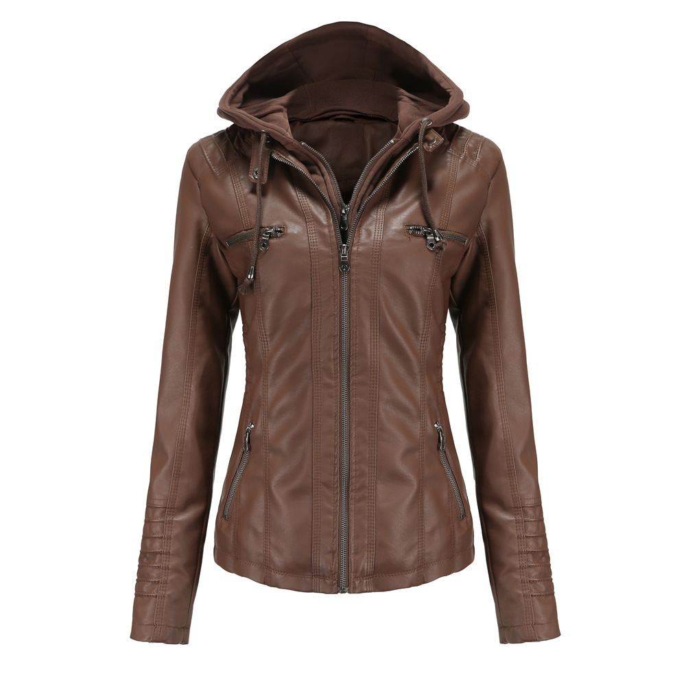 Women's PU Leather Jacket with Removable Hood and Zip Pockets