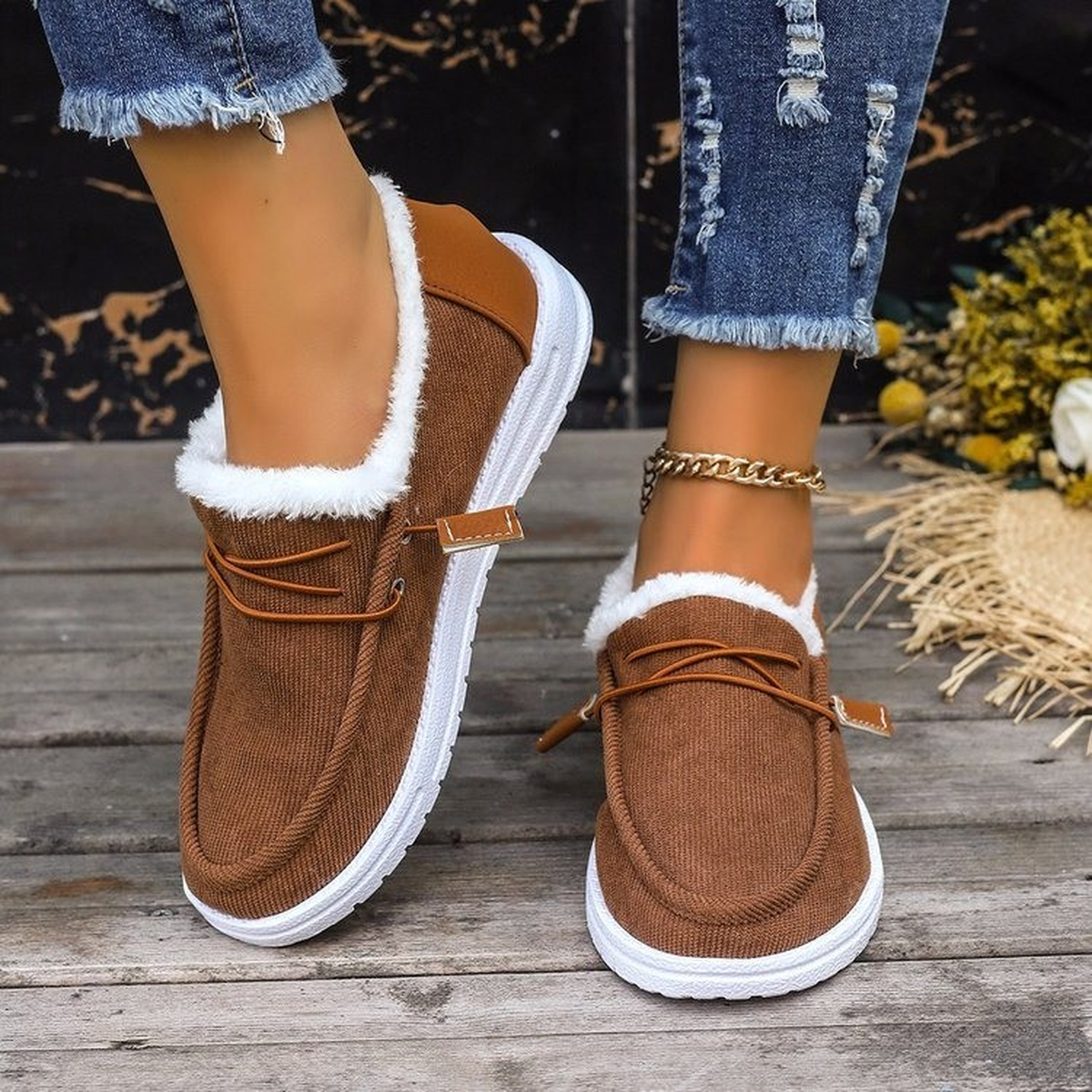 Fleece-Lined Canvas Slip-On Shoes with Elastic Cross Straps