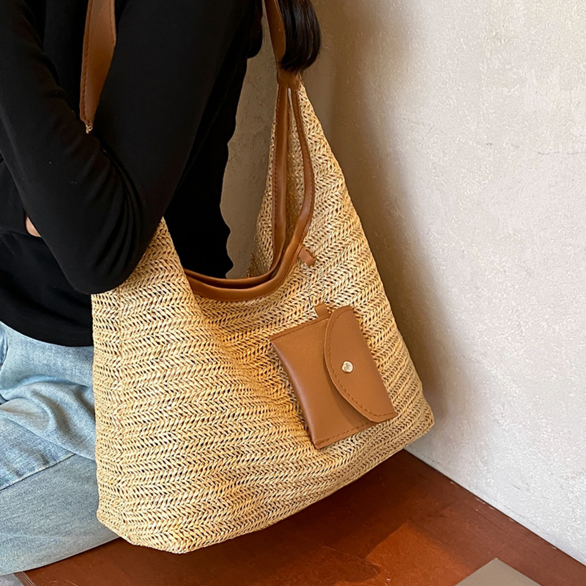 Crochet Hobo Shoulder Bag with Stripes and Front Flap Pocket
