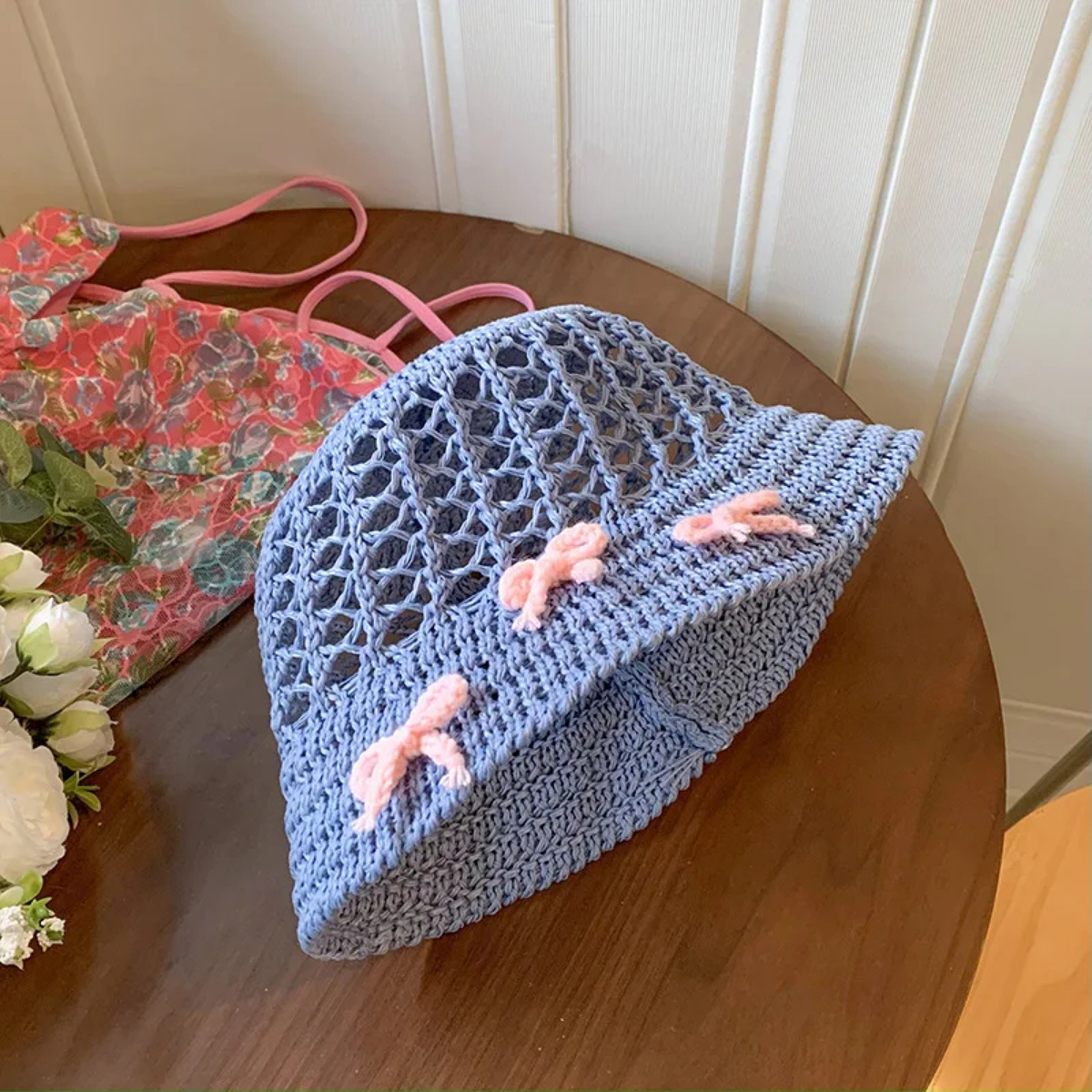 Open-Weave Crochet Bucket Hat with Contrast Bow Details