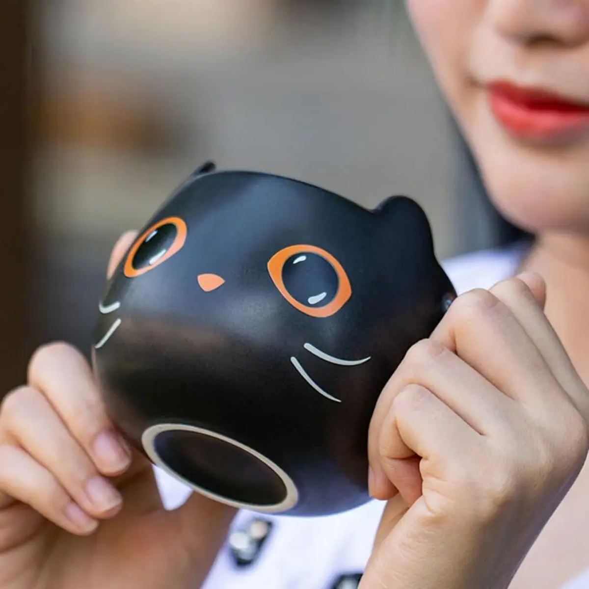 Halloween Cat Mug with Lid and Spoon, Ceramic, 301-400 ml