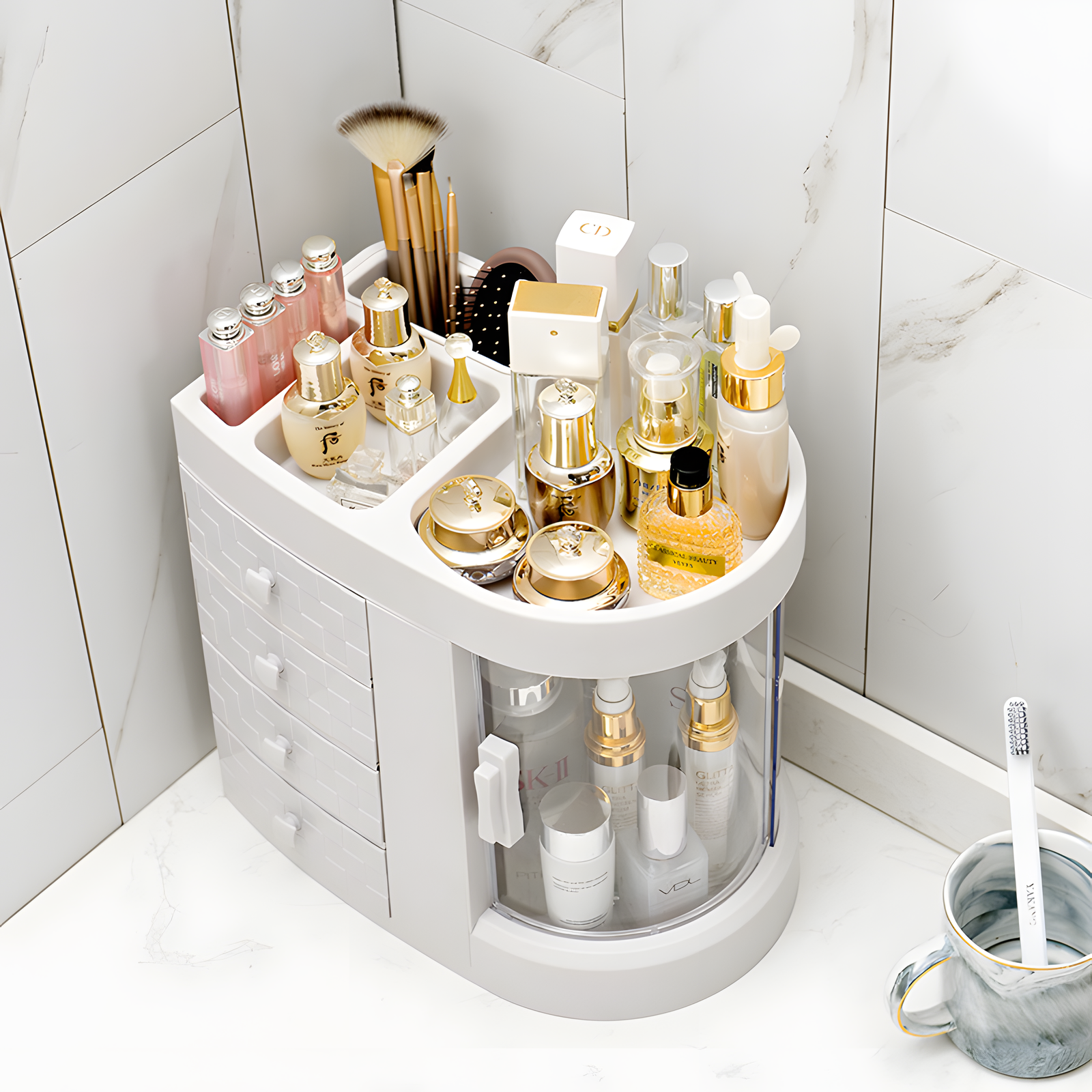 Rotating Makeup Organizer with Drawers 4-Tier White 32.5cm