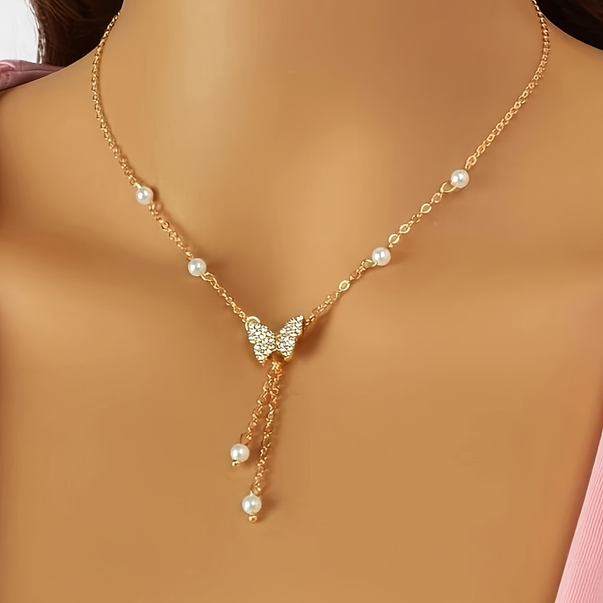Butterfly Drop Pendant Necklace with Fine Bead Accents