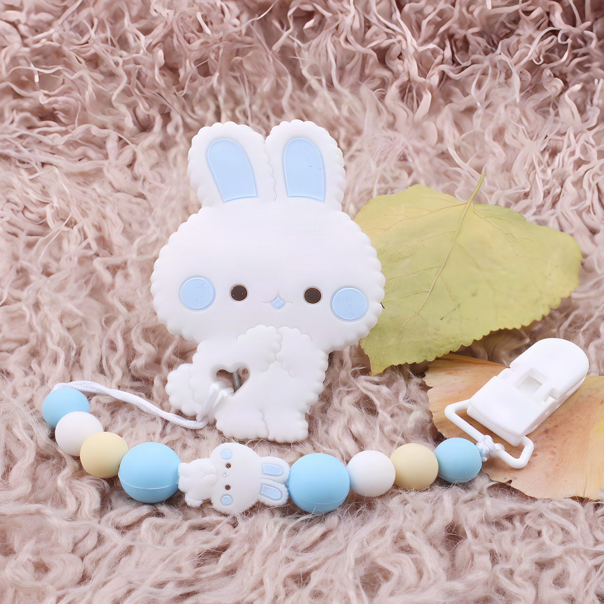 Bunny Baby Teether with Beaded Pacifier Clip in Five Colors
