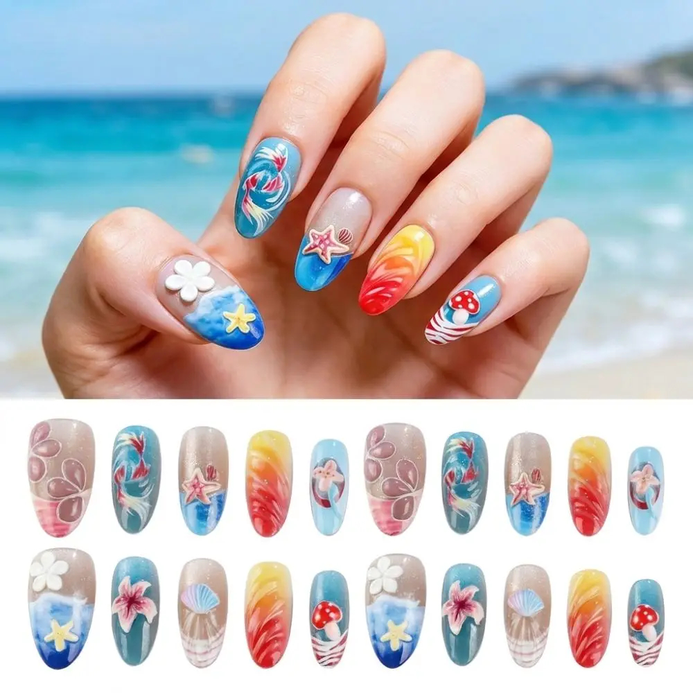3D Ocean Press-On Nails Almond Glossy Koi & Coral Set