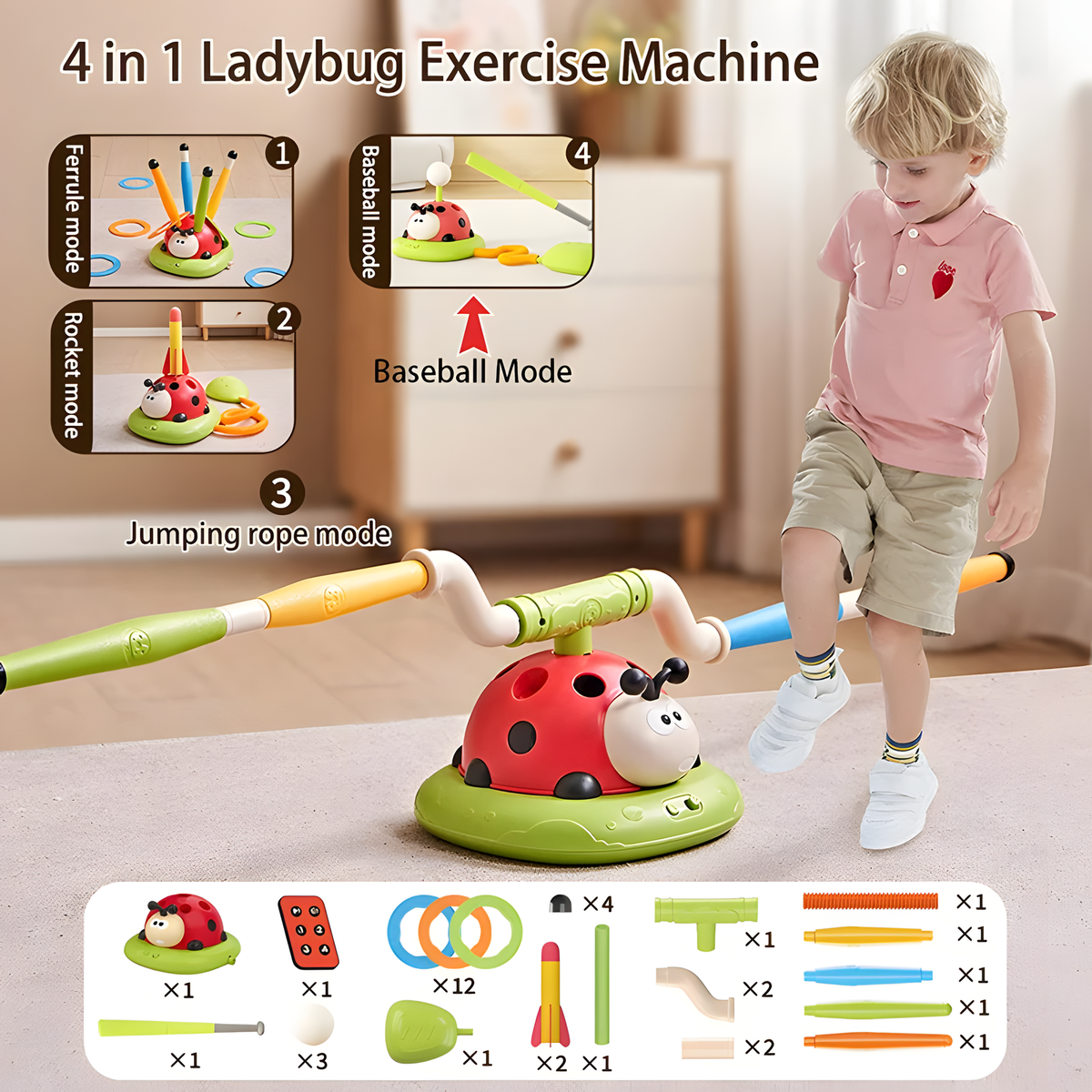 3-in-1 Ladybug Activity Toy for Jumping, Ring Toss and Rockets
