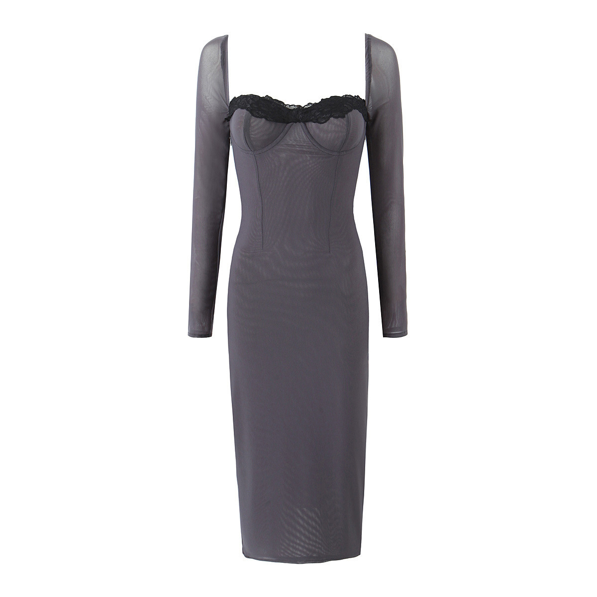 Square-Neck Lace Midi Dress with Long Sheer Sleeves