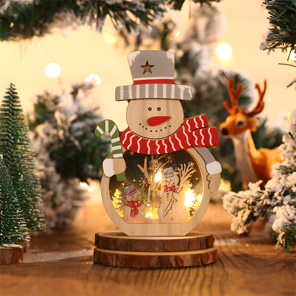 Light-Up Wooden Christmas Figure, Santa or Snowman Scene