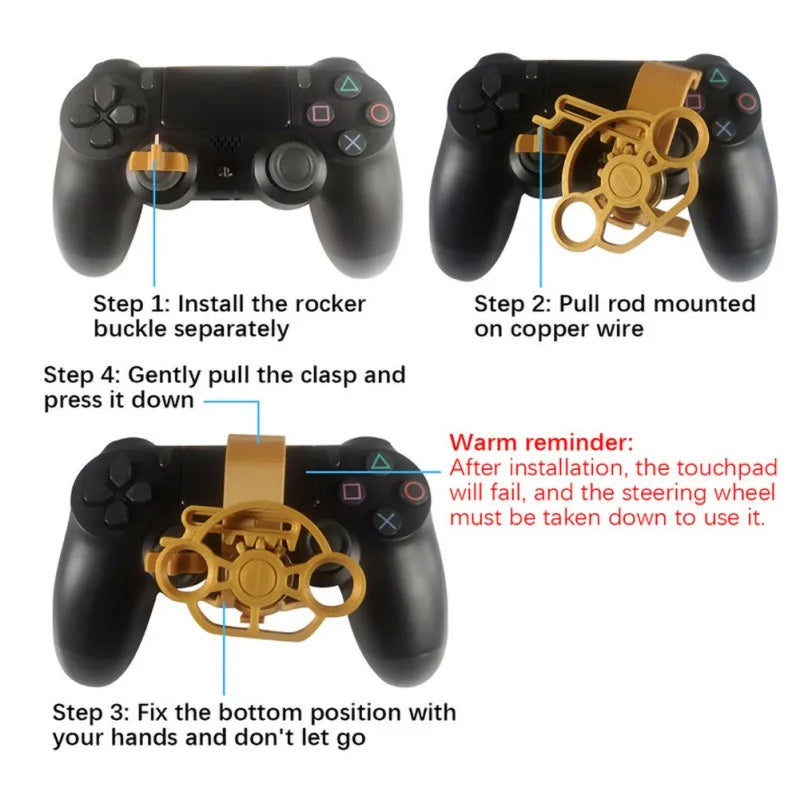 Instructions for installing a steering wheel attachment on a gaming controller with labeled steps.