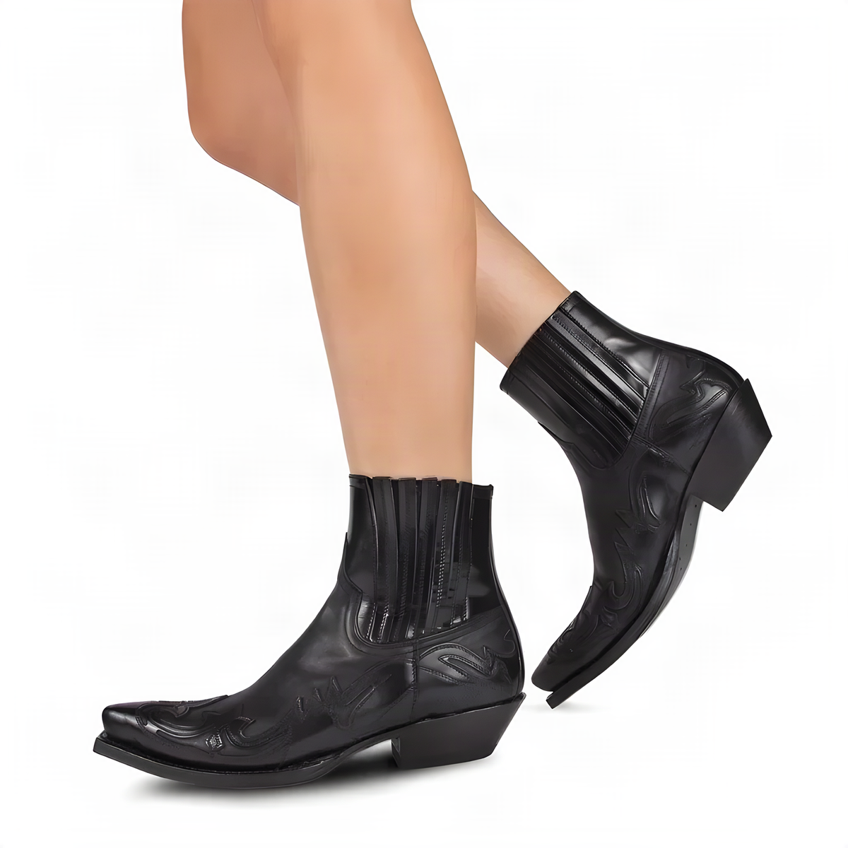 Western Pull-On Ankle Boots with Flame Stitching and Low Heel