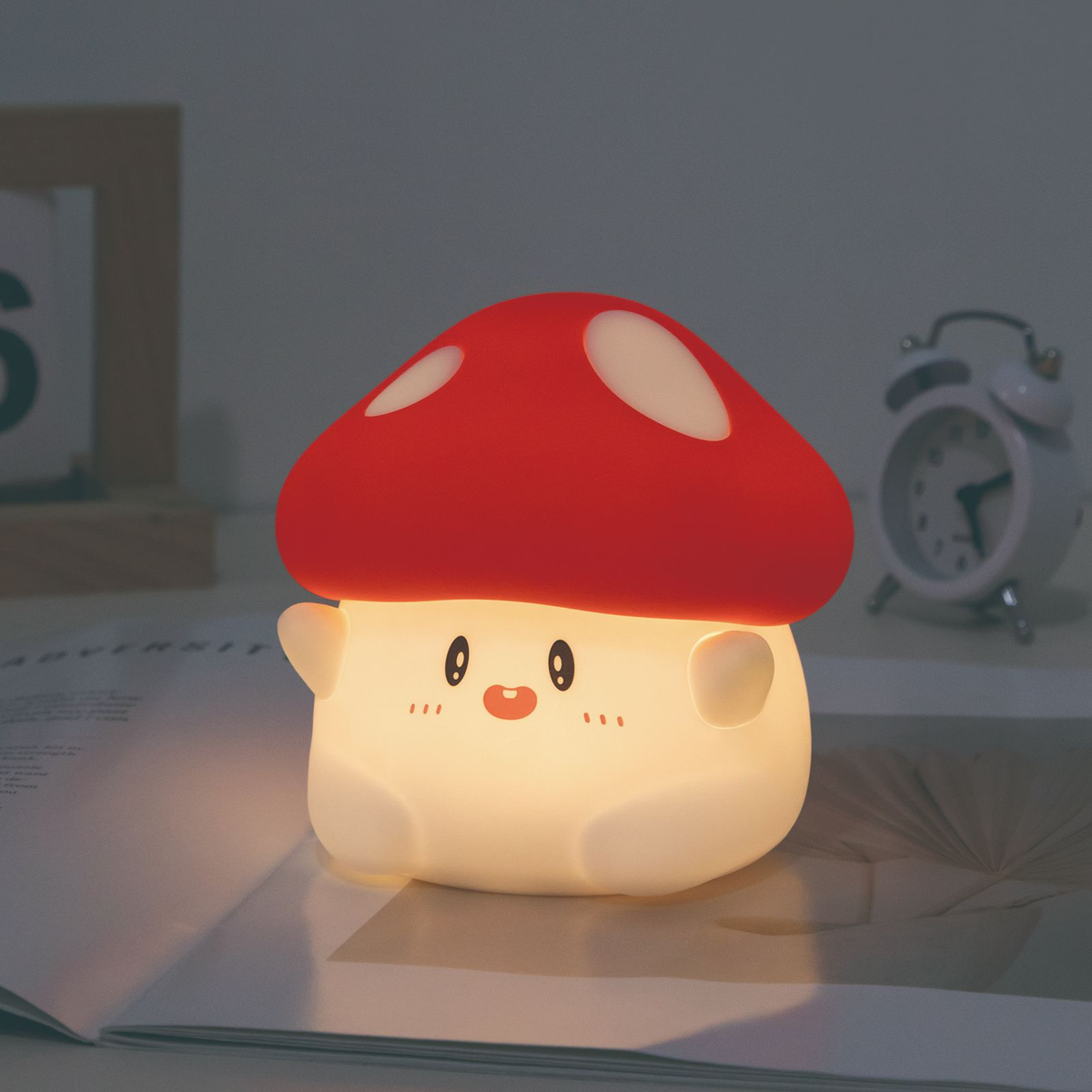 Mushroom Touch Night Light with Red Spotted Cap and Smiling Face