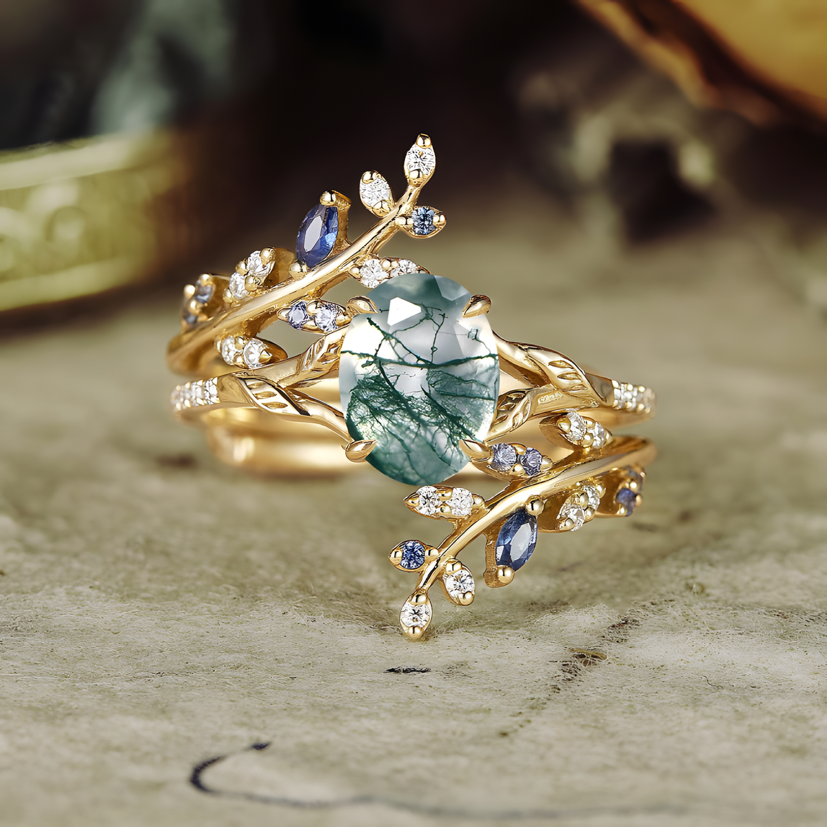 Leaf-Vine Stacking Ring Set with Oval Decorative Stone