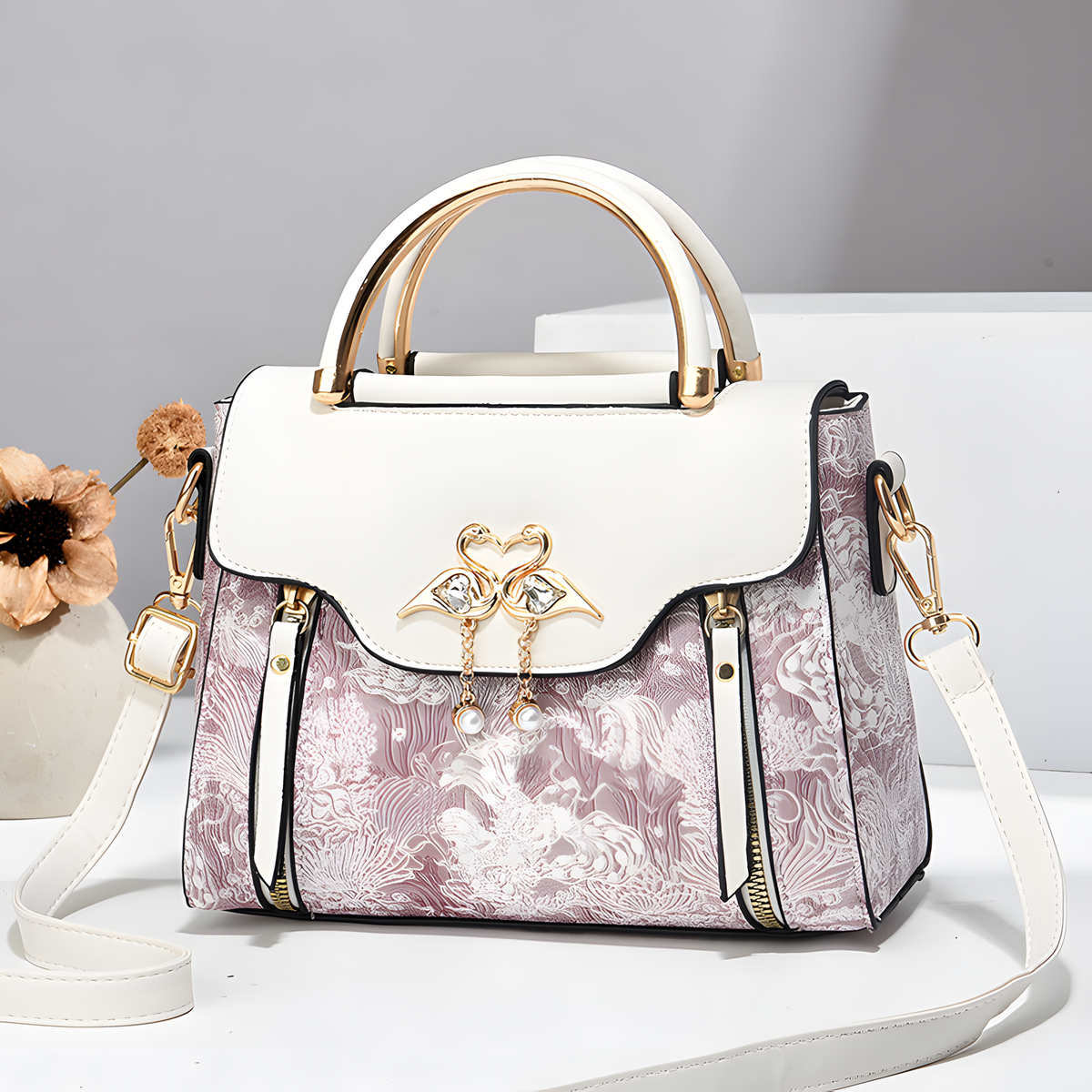 Printed Shoulder Bag with Bird Charm and Zip Divider, 22.5 cm