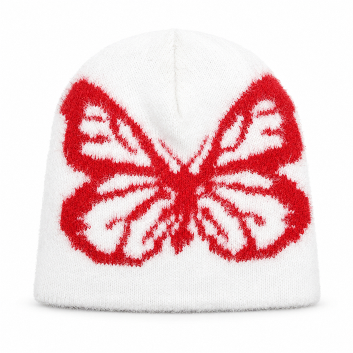Fuzzy Butterfly Knit Beanie with Contrast Motif in Seven Colors