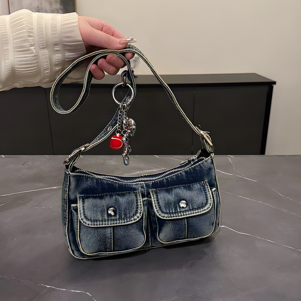 Denim Baguette Shoulder Bag with Twin Pockets and Charm Detail