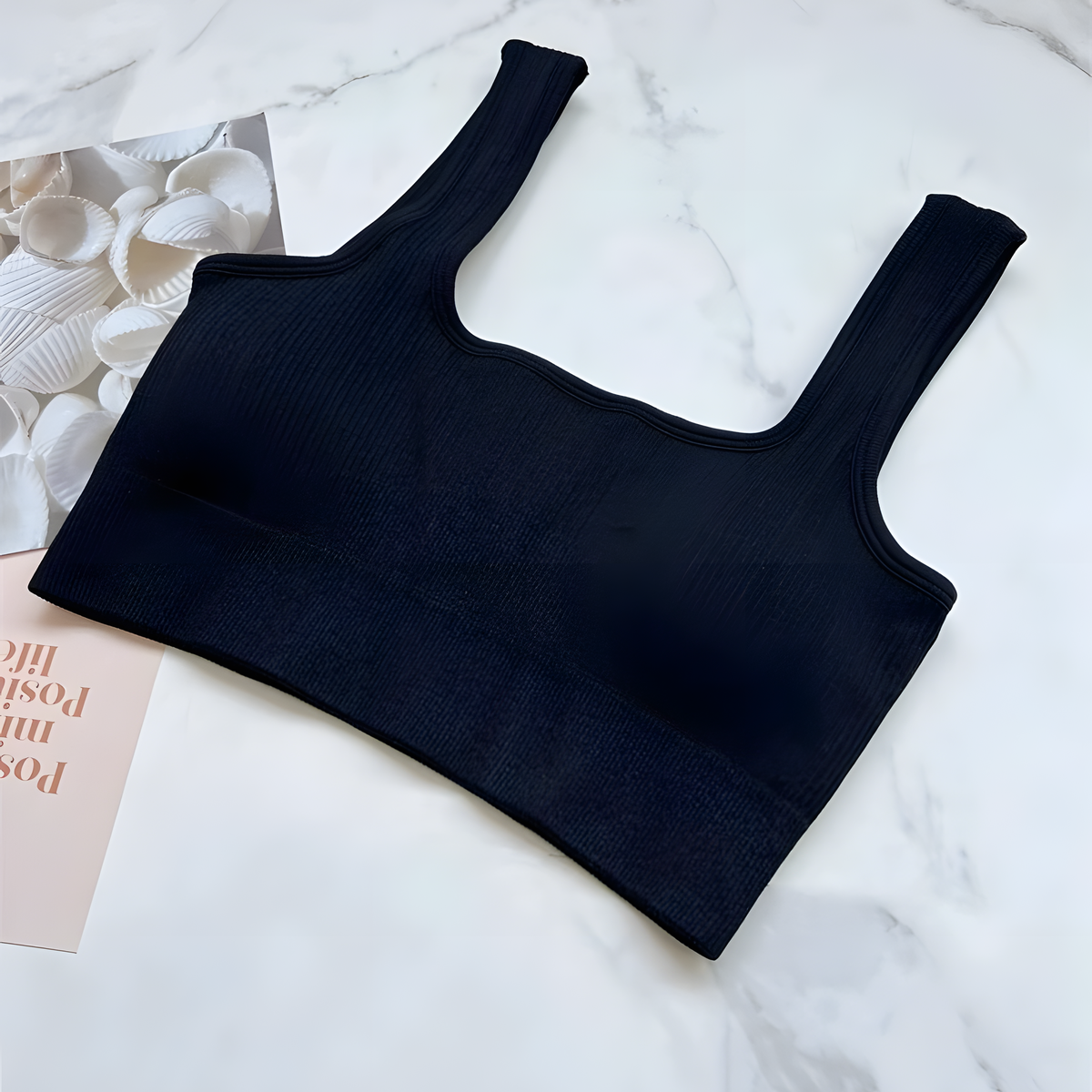 Women's Ribbed Yoga Sports Bra with Wide Straps and Scoop Neck