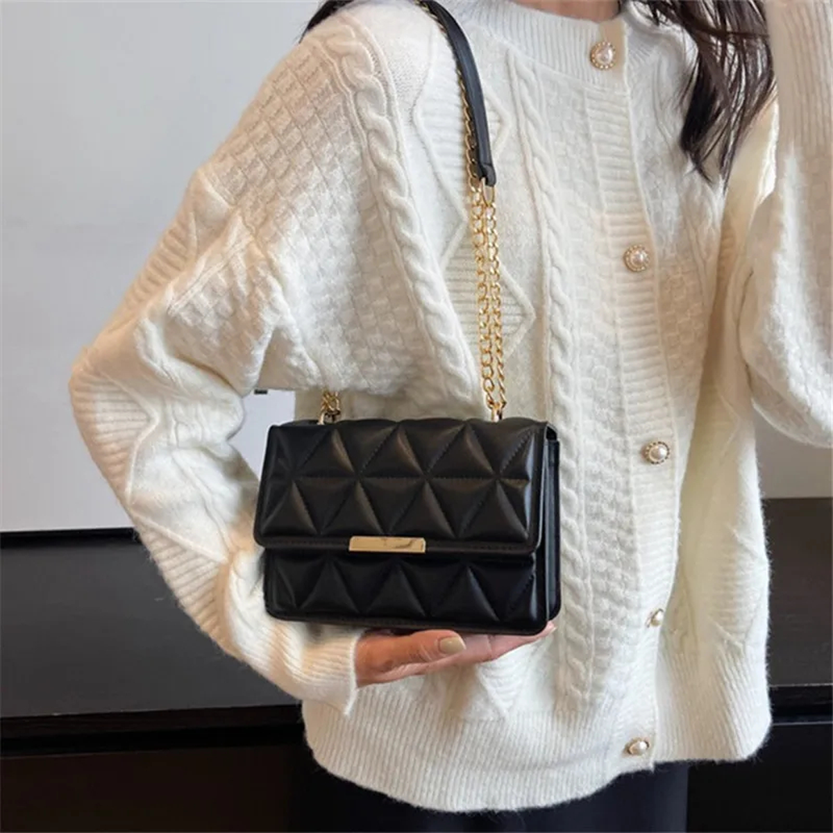 Quilted Chain-Strap Crossbody Bag with Flap Closure