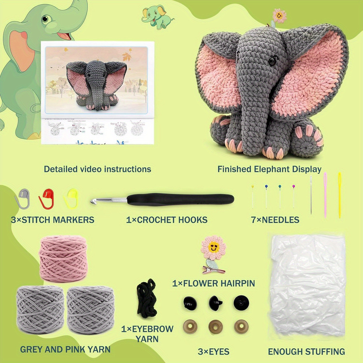 Beginner Elephant Crochet Kit to Make a 13-Inch Plush Toy