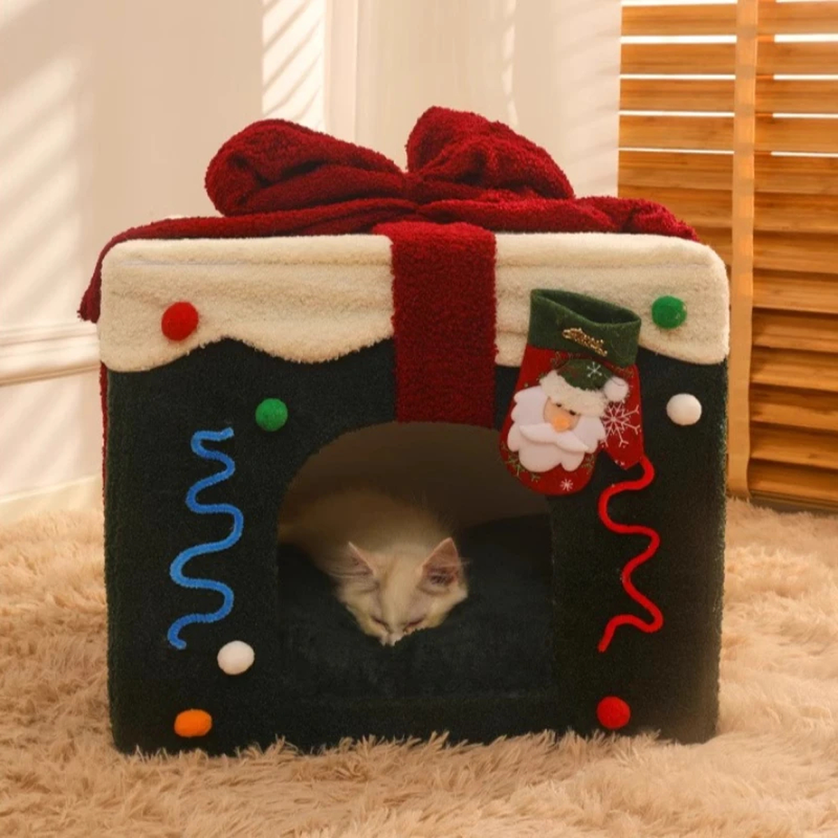 Christmas Gift Box Cat House Bed with Removable Top Bow