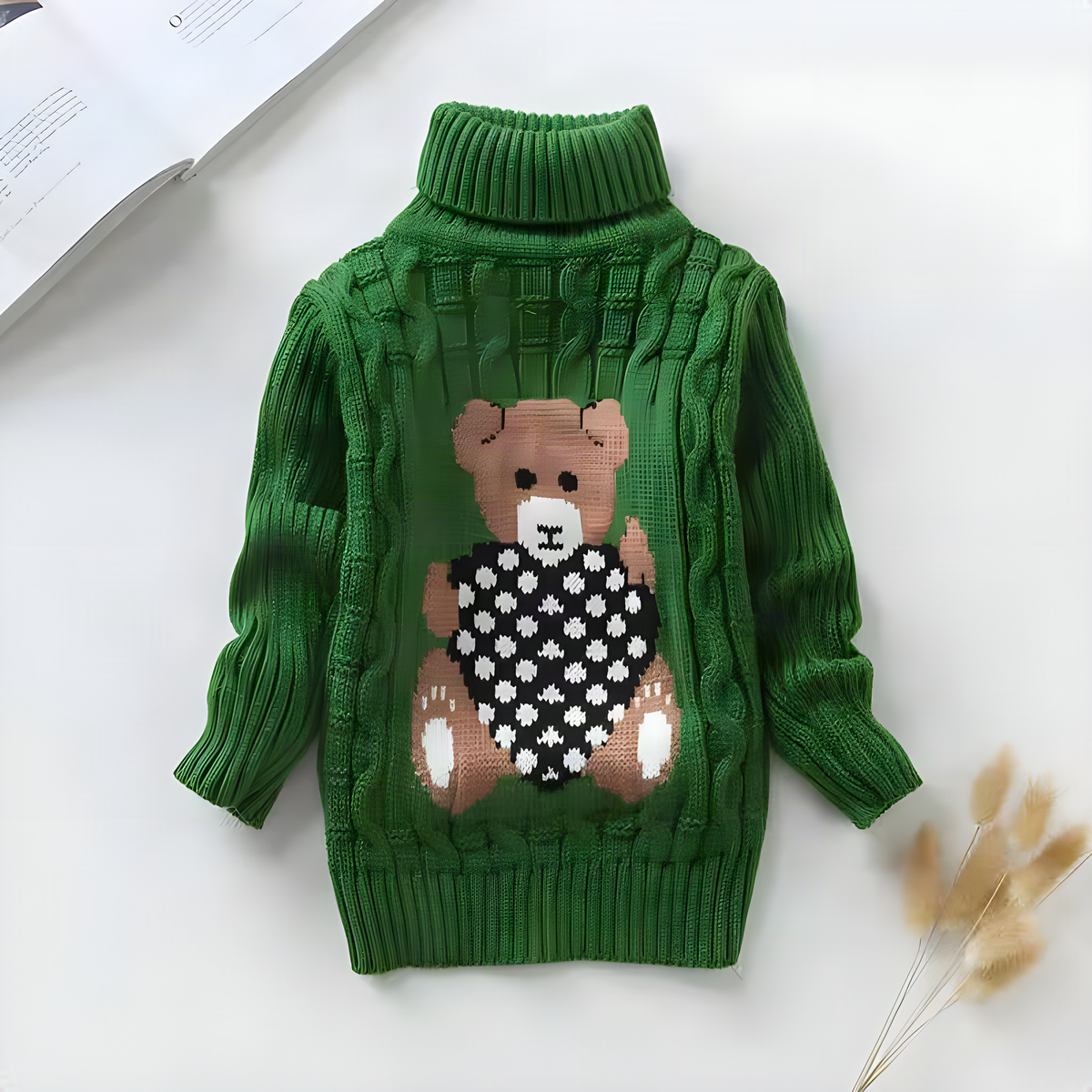 Kids Bear-Detail Ribbed Turtleneck Sweater in Seven Colors