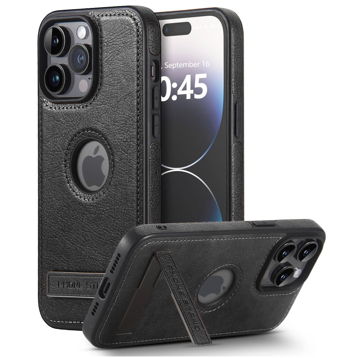 Leather-Texture iPhone 15 Pro Max Case with Fold-Out Stand