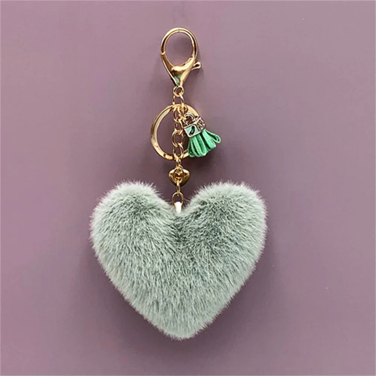 Fluffy Heart Keychain Charm with Tassel and Gold-Tone Clasp
