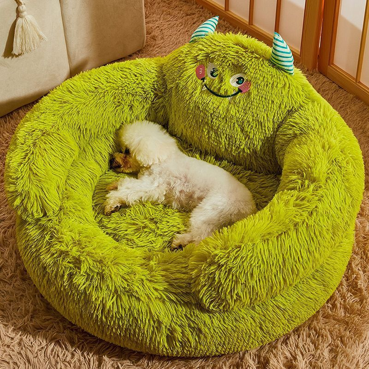 Soft Round Plush Pet Bed with Monster Face Backrest