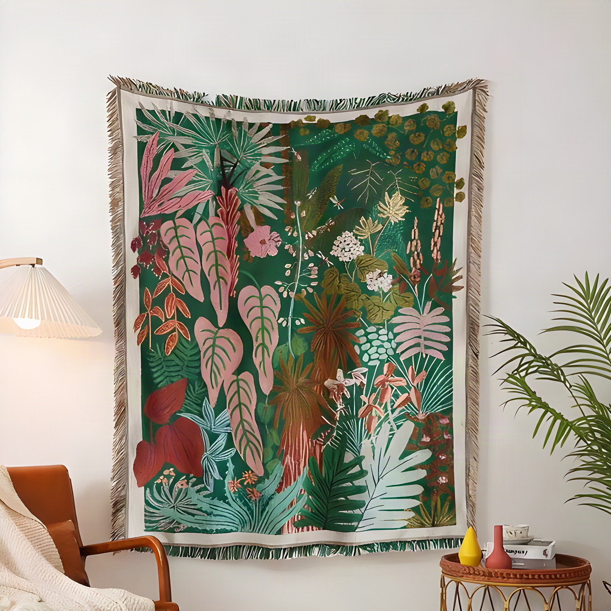 Illustrated Woven Throw Blanket with Fringe, 130 x 160 cm