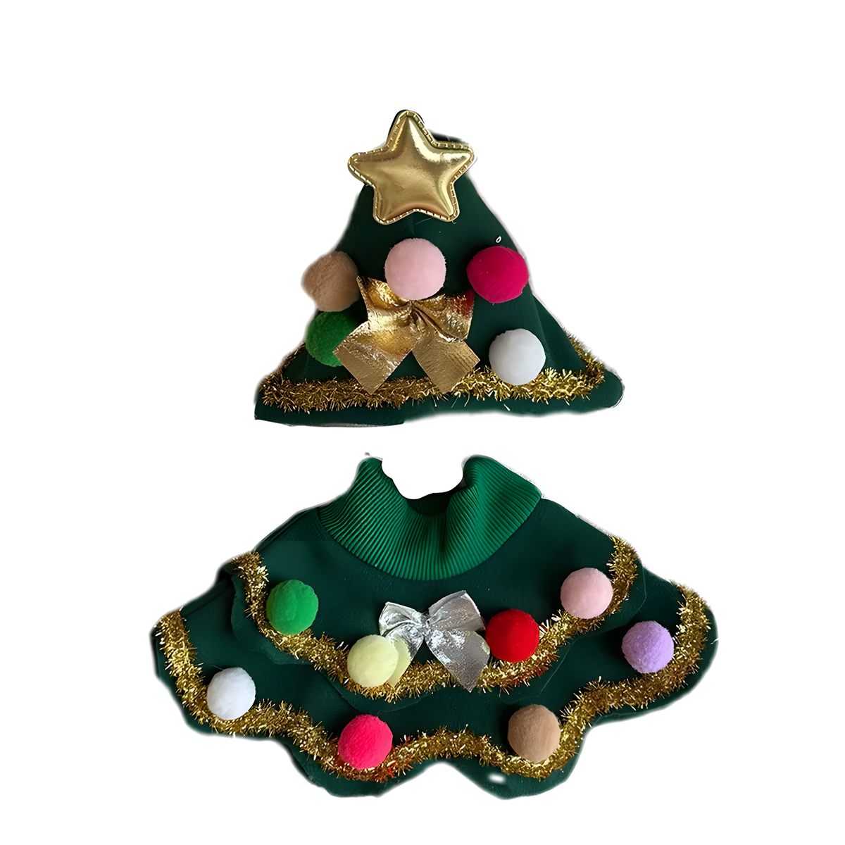 Christmas Tree Pet Costume, Matching Pom-Pom Hat and Cape