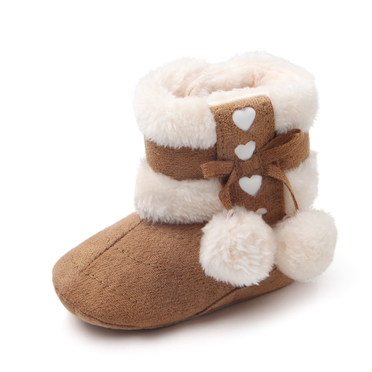 Heart Bow Baby Boots with Pom-Pom Detail and Cream Cuffs