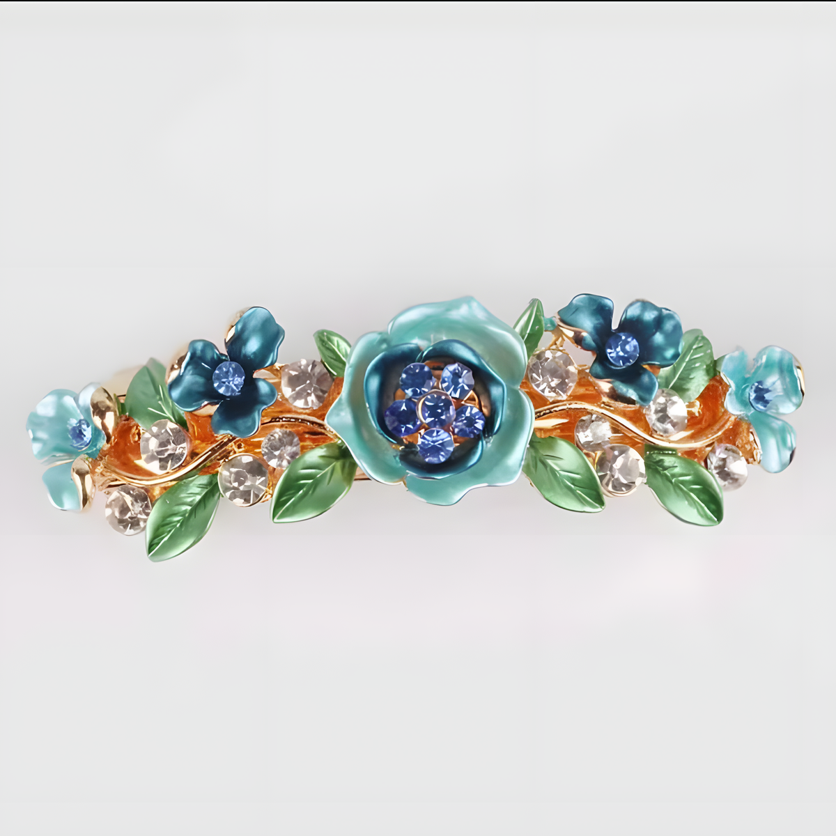 Floral Enamel Barrette with Rhinestone Accents and Gold Tone