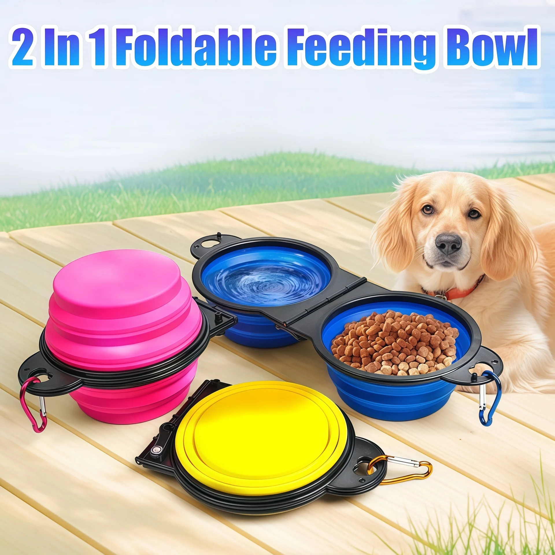 Folding Double Pet Travel Bowl 350ml Carabiner Clip