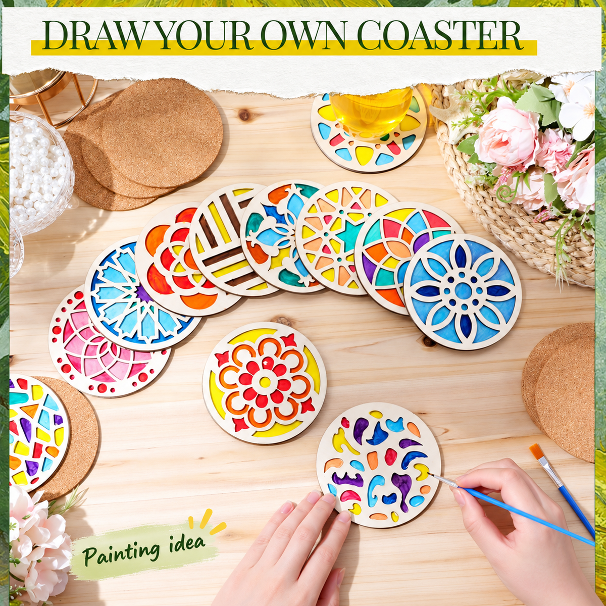 Wooden Coaster Painting Set, 12 Double-Layer Craft Blanks