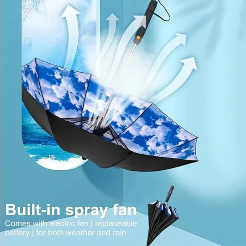 Portable Umbrella with Fan & Misting System - UV Protection | Battery-Powered Cooling