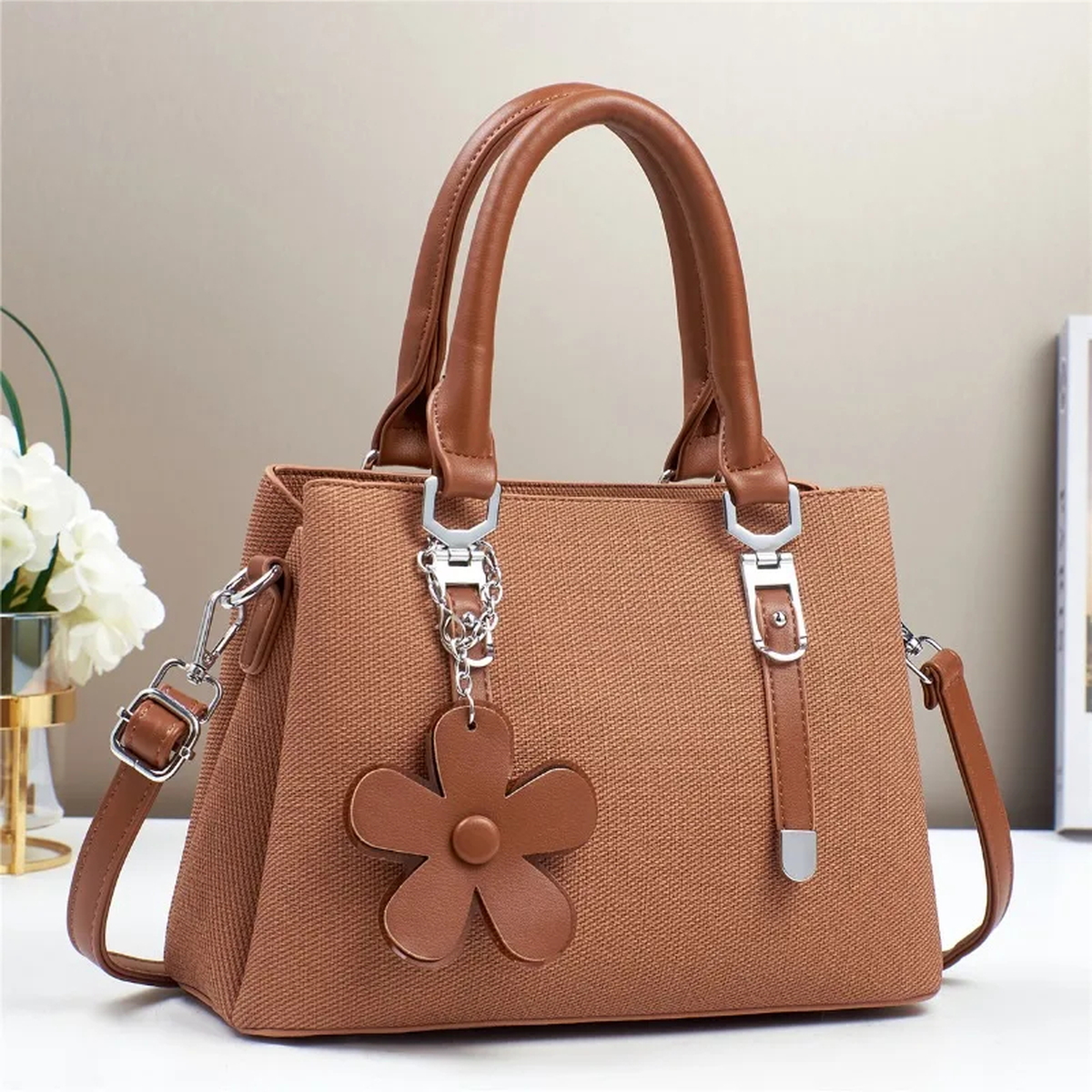 Flower Charm Structured Handbag with Crossbody Strap