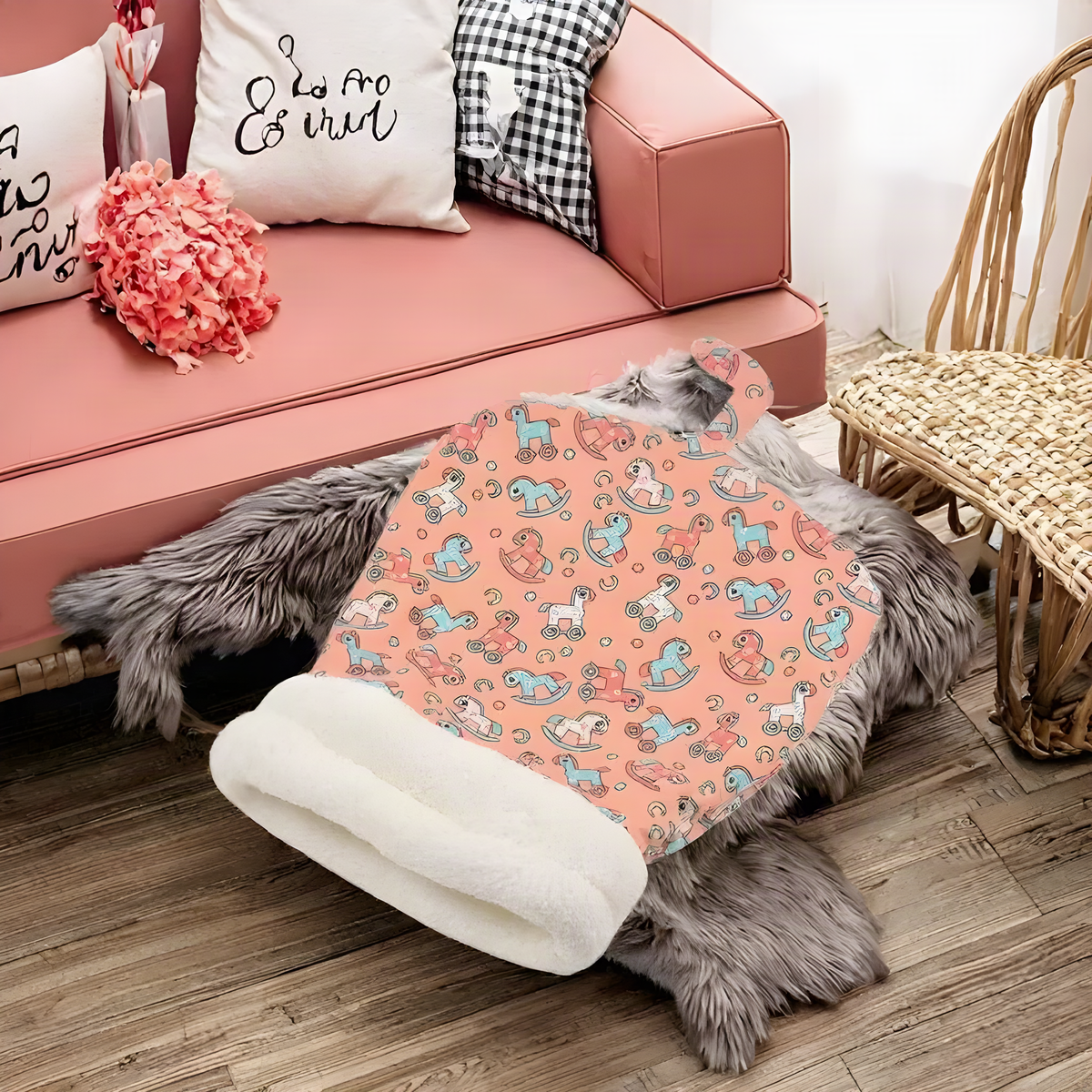 Plush Cat Sleeping Bag with Fold-Over Cuff and Cotton Filling