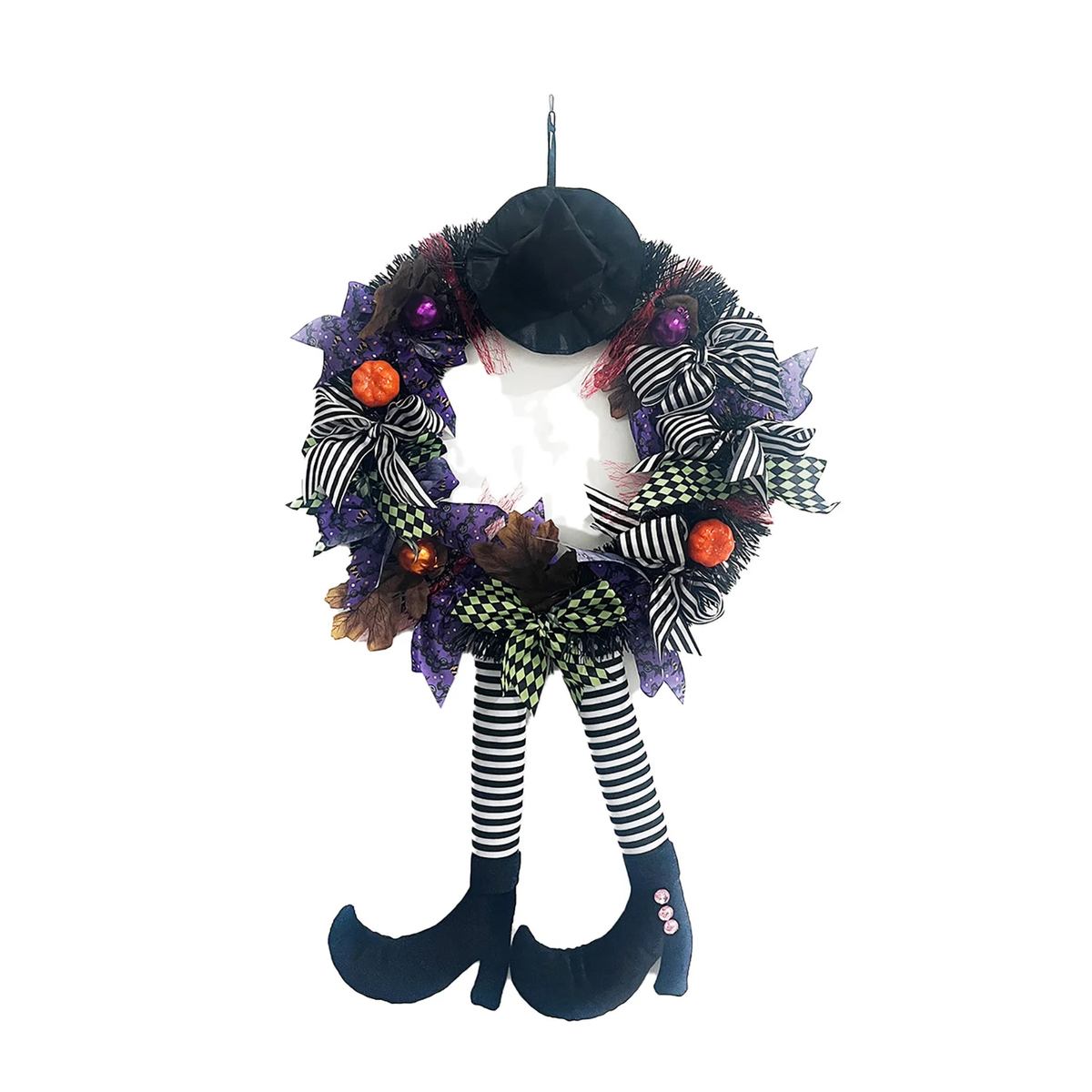 Halloween Witch Leg Wreath with Striped Legs and Curled Shoes